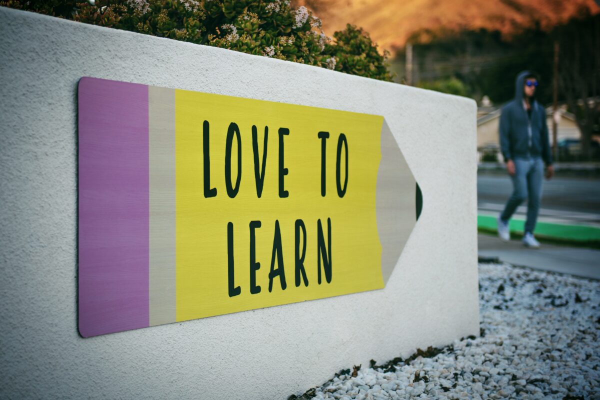 Une image affiche un grand crayon de couleur avec l'inscription 'Love to Learn' sur un fond jeune, représentant la passion pour l'apprentissage, utilisée dans le contexte d'un article sur le paiement en ligne pour un site de e-learning.